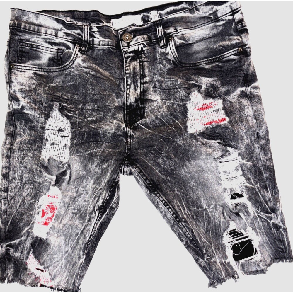 Evolution In Design Mens Size 38 Black Distressed Denim Jeans Shorts Rare Grunge